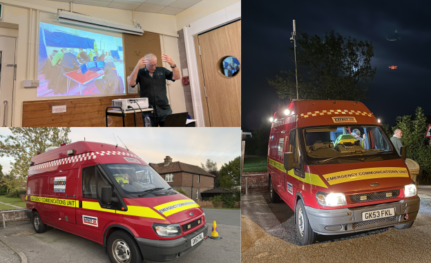 Top left, Colin Bowman discussing an emergency coordination session; Bottom left and Right, the Emergency Communications Unit vehicle and drone.