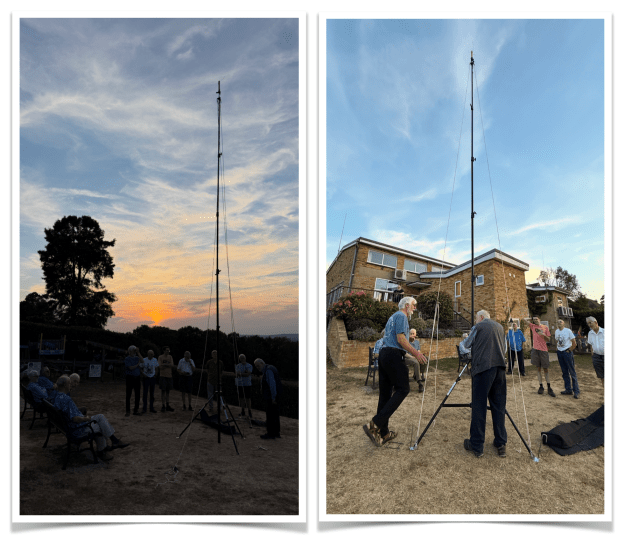 Two pictures of the new mast, surrounded by society members.